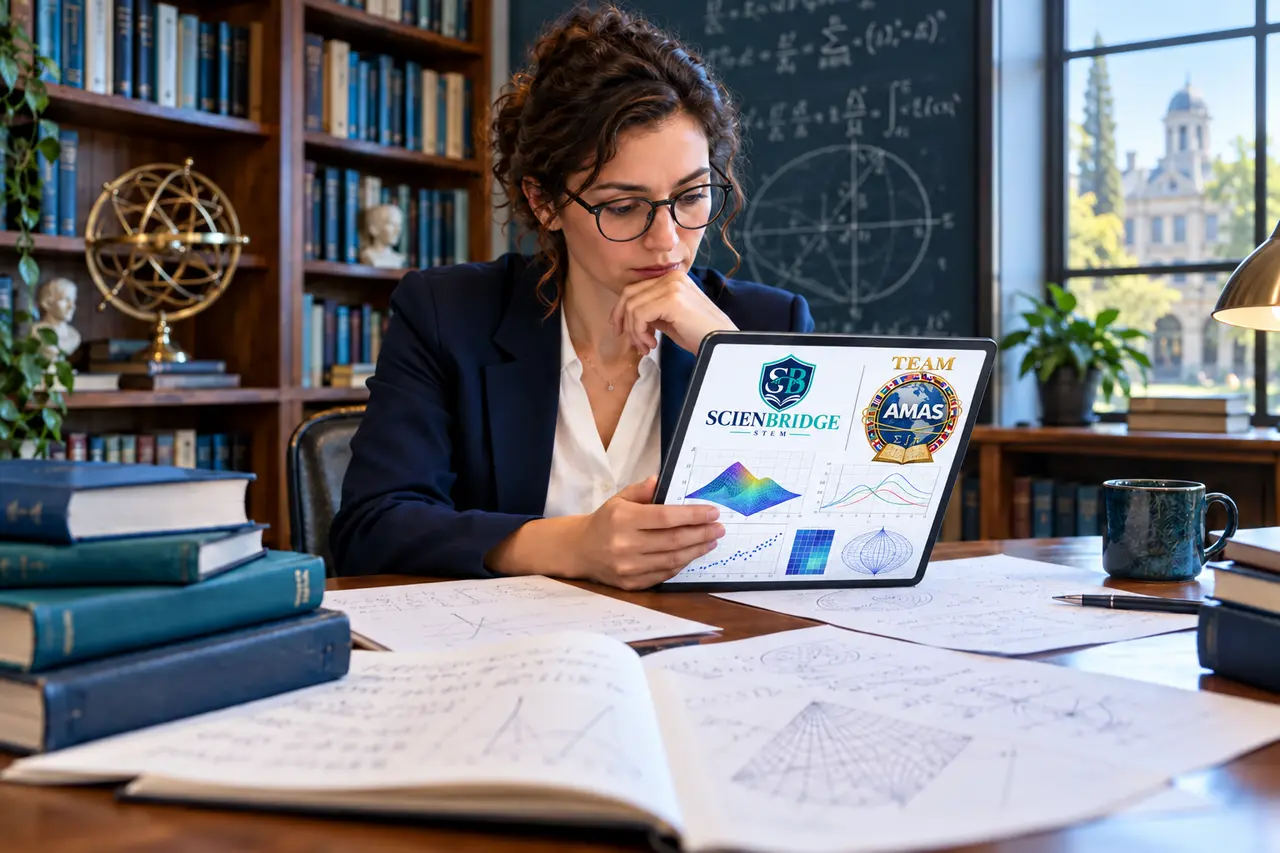 Investigadora revisando una publicación científica digital