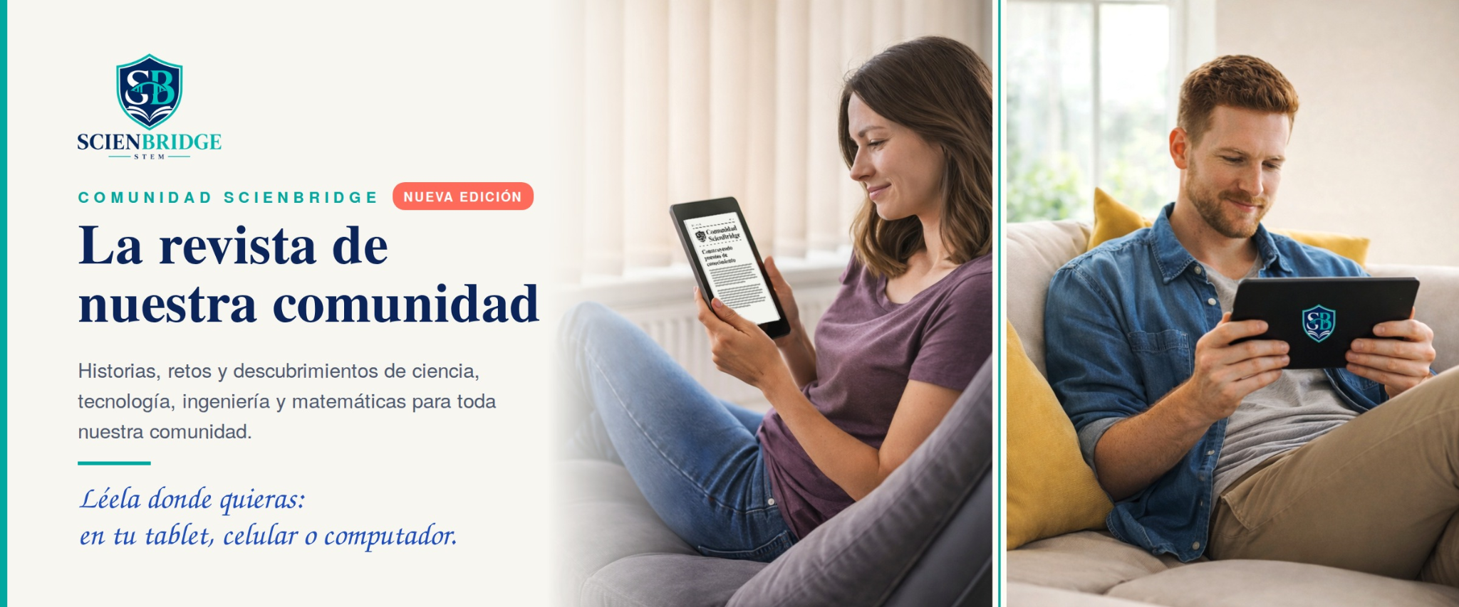 Personas leyendo la revista digital de la comunidad SCIENBRIDGE